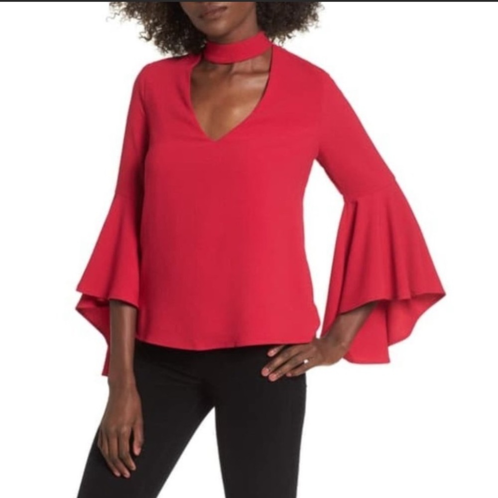 NWT New WAYF Ryan Medium Fuchsia Pink Choker Bell Statement Sleeve V-Neck Top